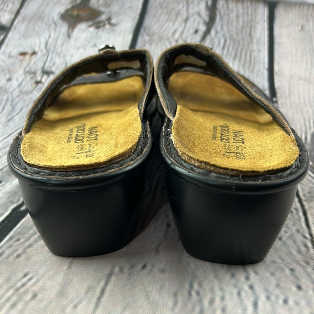 NAOT Deep Metallic Pewter Leather Jeweled Open Toe Slip On Low Wedge Sandals - Picture 16 of 17